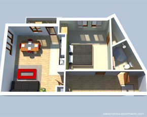 interior 3D visualization of a 1 bedroom flat